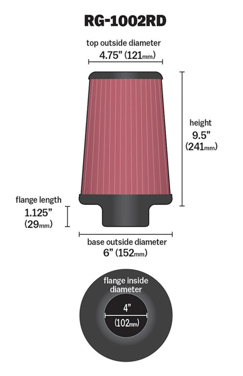 K&N Universal Air Filter Chrome Round Tapered Red - 4in Flange ID x 1.125in Flange Length x 9.5in H - Blais Performance Parts