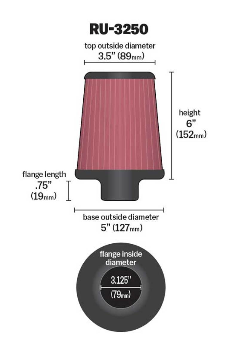 K&N Universal Tapered Filter 3.125in Flange ID x 5in Base OD x 3.5in Top OD x 6in Height - Blais Performance Parts