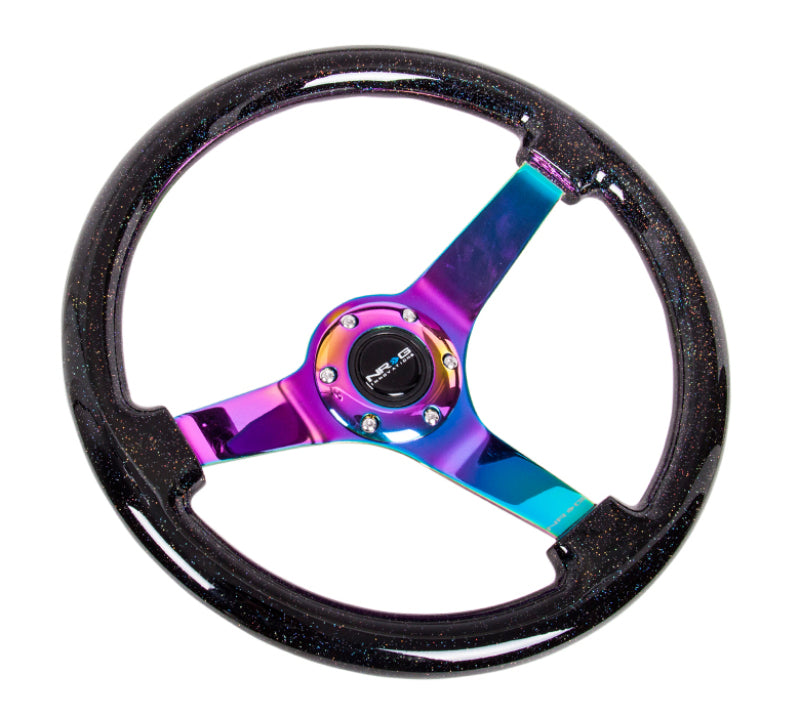 NRG Reinforced Steering Wheel (350mm / 3in. Deep) Classic Blk Sparkle w/4mm Neochrome 3-Spoke Center - Blais Performance Parts