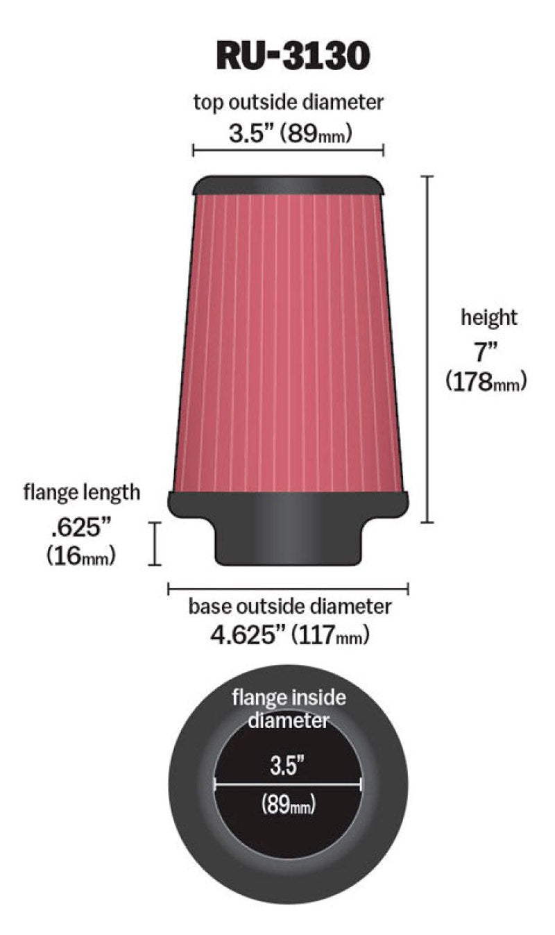 K&N Filter Universal Rubber Filter 3 1/2 inch Flange 4 5/8 inch Base 3 1/2 inch Top 7 inch Height - Blais Performance Parts