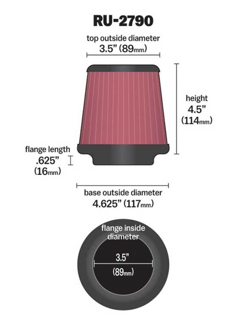 K&N Filter Universal Rubber Filter 3 1/2 inch Flange 4 5/8 inch Base 3 1/2 inch Top 4 1/2 inch Heigh - Blais Performance Parts