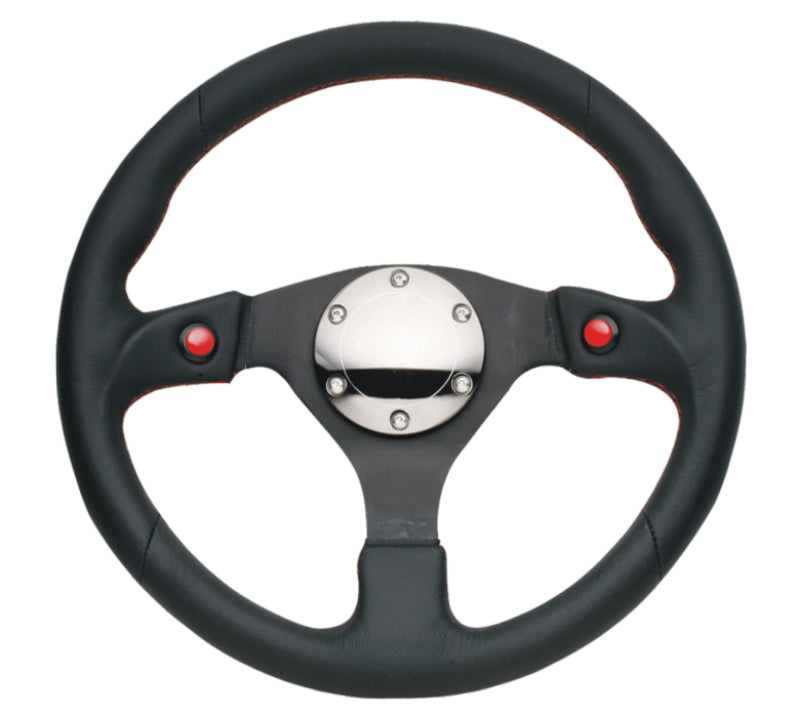 NRG Reinforced Steering Wheel (320mm) Blk Leather w/Dual Buttons - Blais Performance Parts