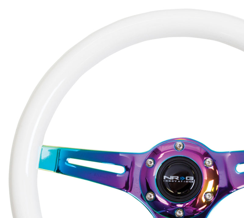 NRG Classic Wood Grain Steering Wheel (350mm) Glow-N-The-Dark Green Grip w/Neochrome 3-Spoke Center - Blais Performance Parts