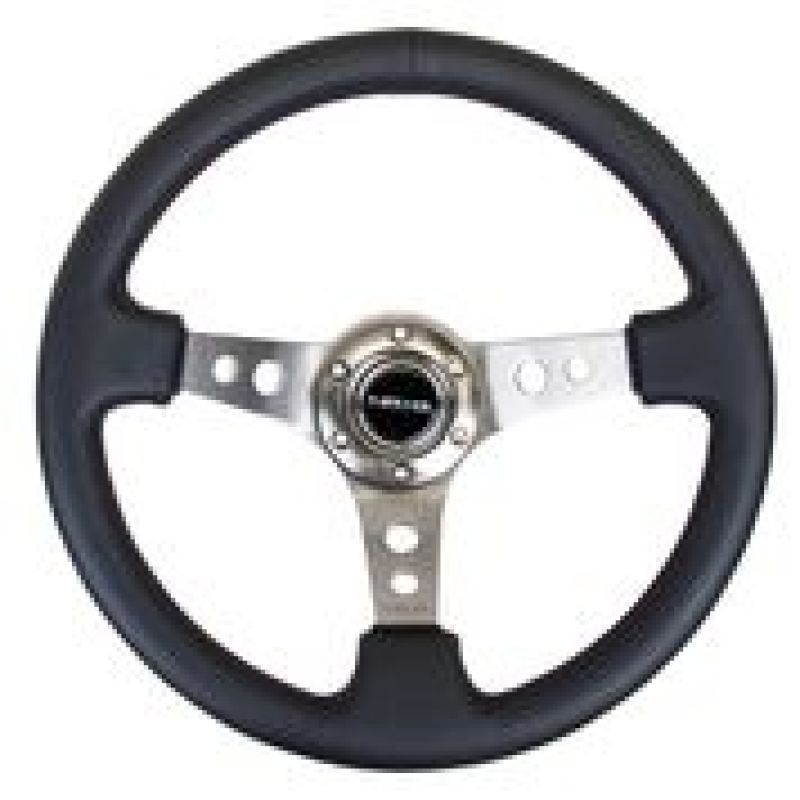 NRG Reinforced Steering Wheel (350mm / 3in. Deep) Blk Leather w/Gunmetal Circle Cutout Spokes - Blais Performance Parts