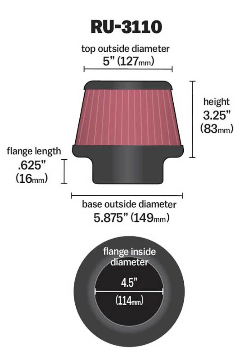 K&N Universal Rubber Filter Round Tapered 4.5in Flange ID x 5.875 Base OD x 5in Top OD x 3.25in H - Blais Performance Parts