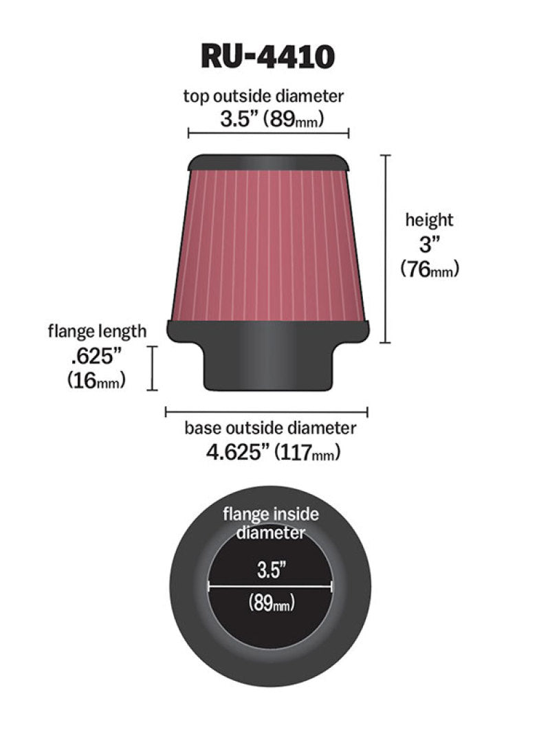 K&N Filter Universal Rubber Filter 3 1/2 inch Flange 4 5/8 inch Base 3 1/2 inch Top 3 inch Height - Blais Performance Parts