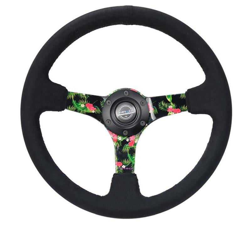 NRG Reinforced Steering Wheel (350mm / 3in. Deep) Black Suede w/ 5mm Floral 3-Spoke Center - Blais Performance Parts