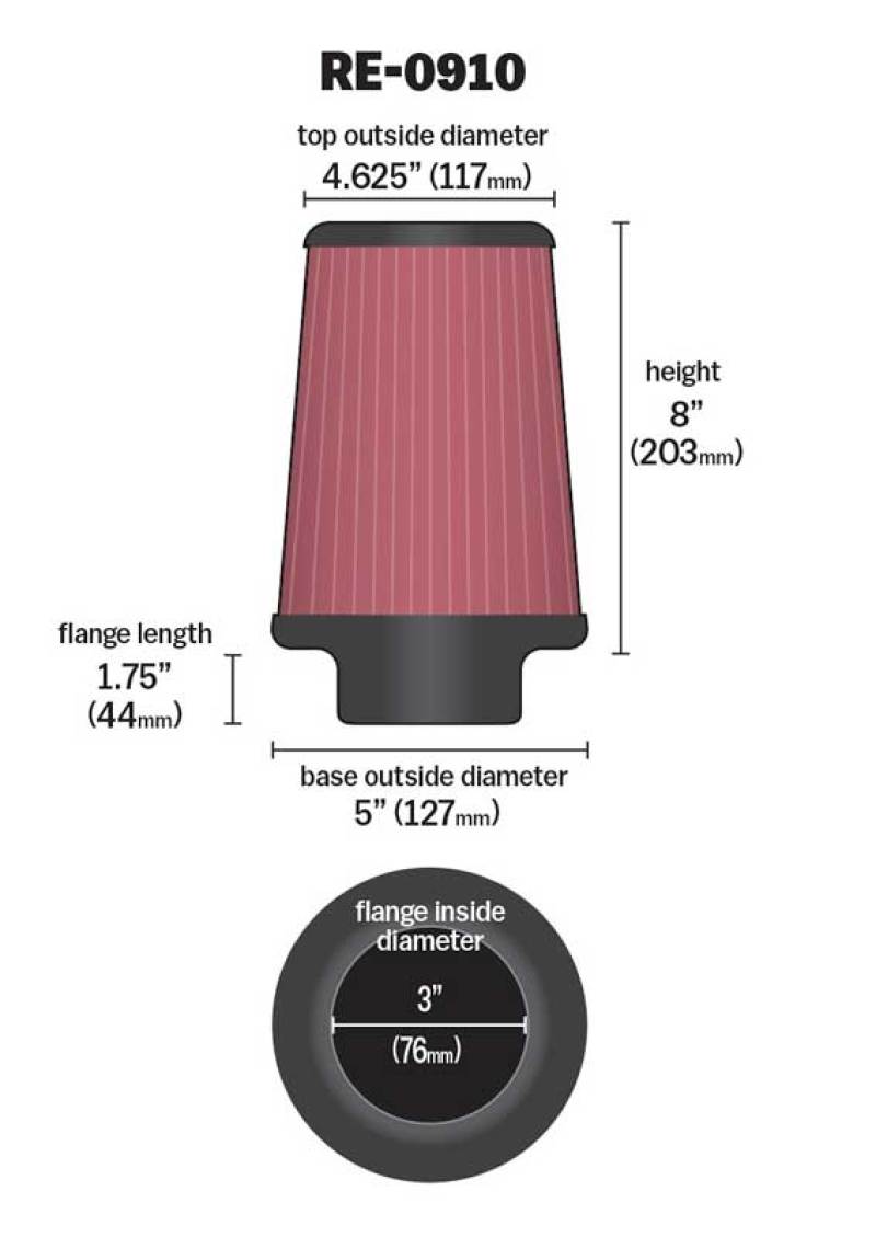 K&N Universal Rubber Filter 3inch FLG / 5inch OD-B / 4-5/8inch OD-T / 8inch H - Blais Performance Parts