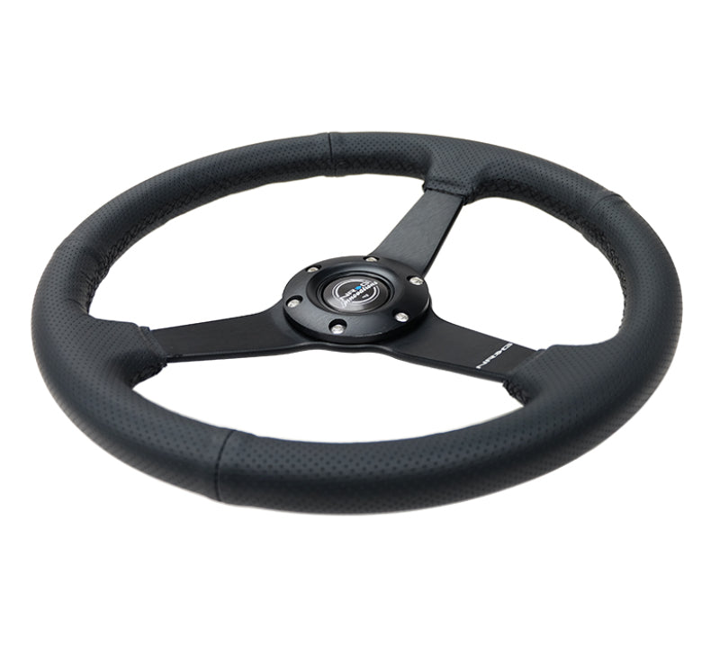 NRG Sport Steering Wheel (350mm / 1.5in Deep) Black Leather Black Stitch w/Matte Black Solid Spokes - Blais Performance Parts