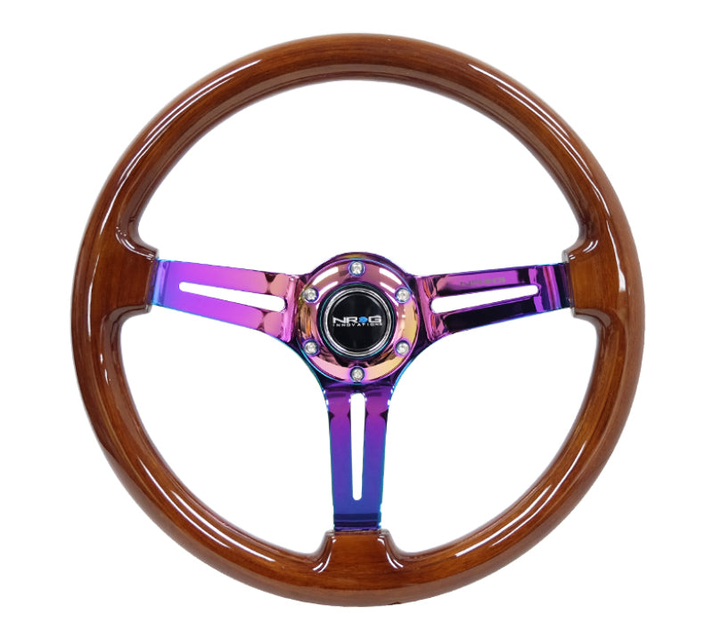 NRG Reinforced Steering Wheel (350mm / 3in. Deep) Brown Wood w/Blk Matte Spoke/Neochrome Center Mark - Blais Performance Parts