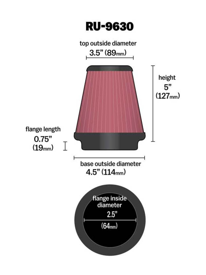 K&N Universal Tapered Filter 2.5in Flange ID x 4.5in Base OD x 3.5in Top OD x 5in Height - Blais Performance Parts