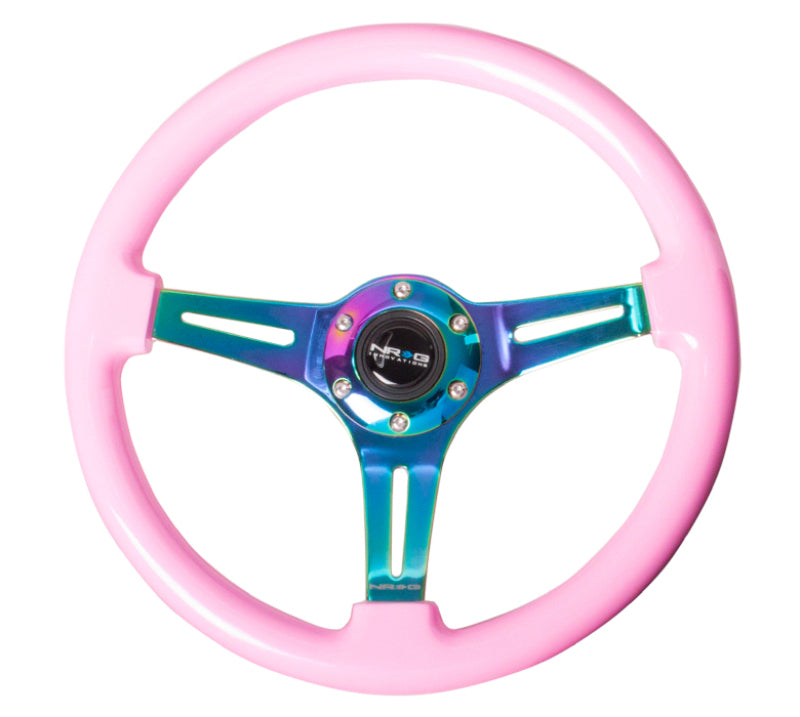 NRG Classic Wood Grain Steering Wheel (350mm) Solid Pink Painted Grip w/Neochrome 3-Spoke Center - Blais Performance Parts