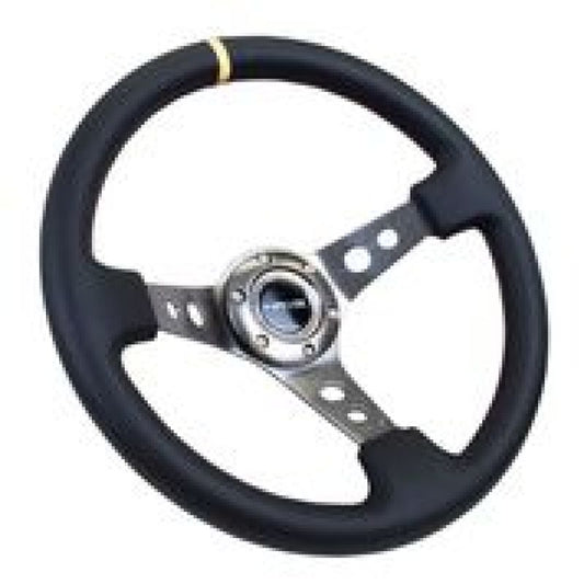 NRG Reinforced Steering Wheel (350mm / 3in. Deep) Blk Leather w/Gunmetal Cutout Spoke & Yellow CM - Blais Performance Parts