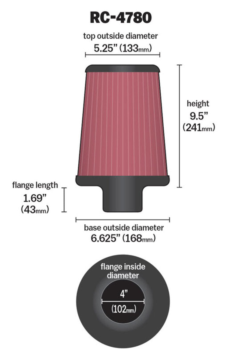 K&N Universal Filter Round Tapered 4in FlangeID / 6.625in Base OD / 5.25in Top OD / 9.5in Height - Blais Performance Parts