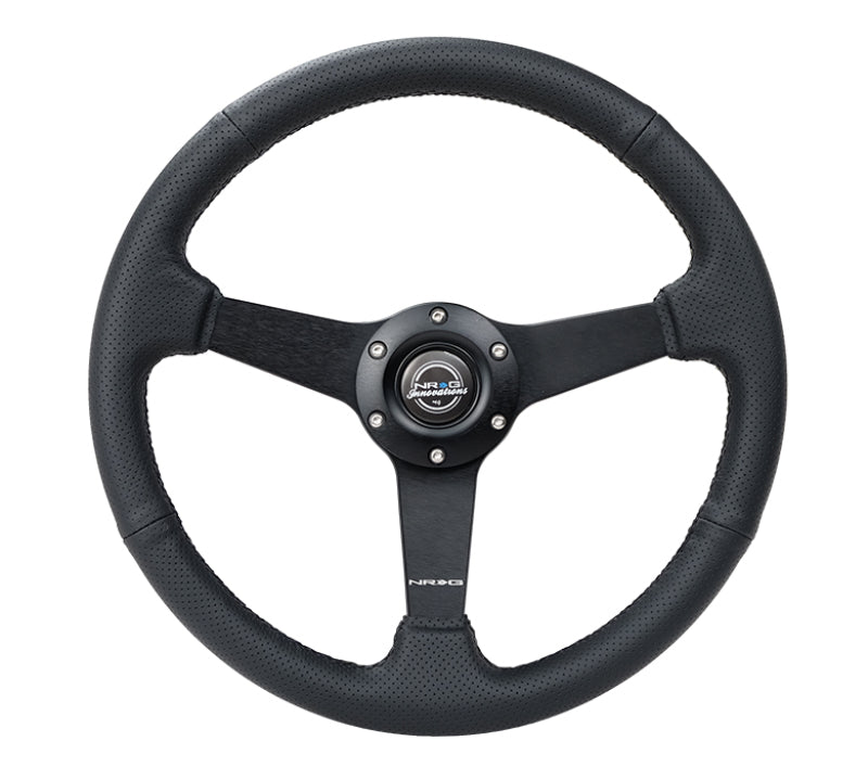 NRG Sport Steering Wheel (350mm / 1.5in Deep) Black Leather Black Stitch w/Matte Black Solid Spokes - Blais Performance Parts