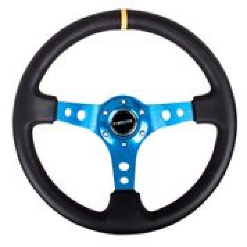 NRG Reinforced Steering Wheel (350mm / 3in. Deep) Blk Leather w/Blue Circle Cutout Spokes - Blais Performance Parts