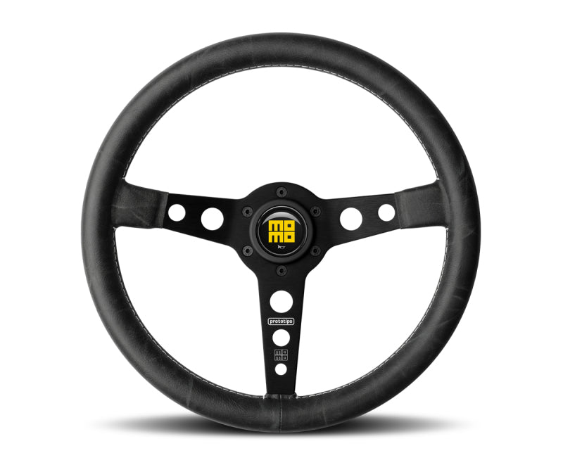 Momo Prototip Heritage Steering Wheel 350 mm - Black Leather/White Stitch/Black Spokes - Blais Performance Parts