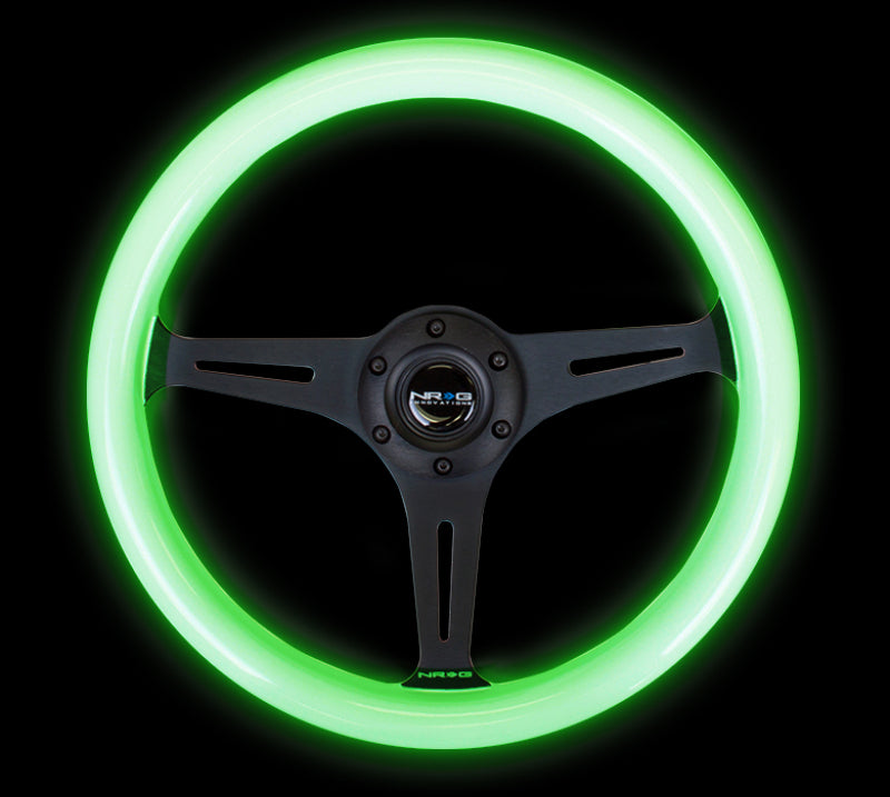 NRG Classic Wood Grain Steering Wheel (350mm) Glow-N-The-Dark Green Grip w/Black 3-Spoke Center - Blais Performance Parts