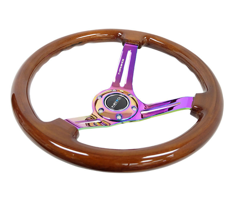 NRG Reinforced Steering Wheel (350mm / 3in. Deep) Brown Wood w/Blk Matte Spoke/Neochrome Center Mark - Blais Performance Parts