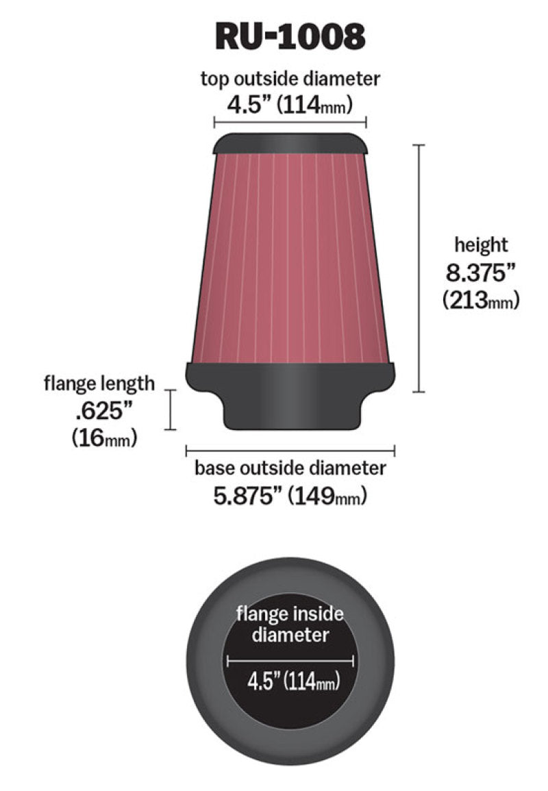 K&N Universal Clamp-On Air Filter 4-1/2in FLG / 5-7/8in B / 4-1/2in T / 8-3/8in H - Blais Performance Parts