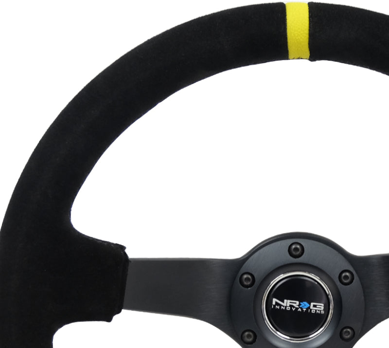 NRG Reinforced Steering Wheel (350mm / 3in. Deep) Blk Suede/X-Stitch w/5mm Blk Spoke & Yellow CM - Blais Performance Parts