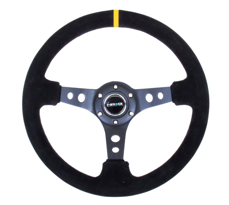 NRG Reinforced Steering Wheel (350mm / 3in. Deep) Blk Suede w/Circle Cut Spokes & Single Yellow CM - Blais Performance Parts