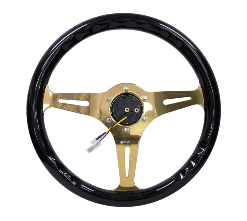 NRG Classic Wood Grain Steering Wheel (350mm) Black Grip w/Chrome Gold 3-Spoke Center - Blais Performance Parts