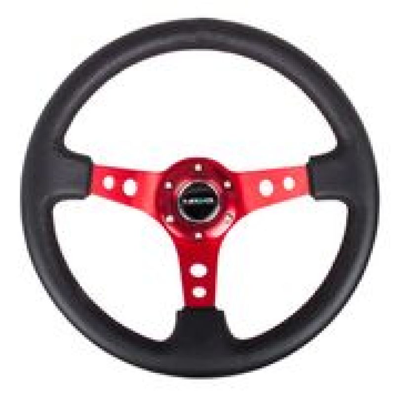 NRG Reinforced Steering Wheel (350mm / 3in. Deep) Blk Leather w/Red Circle Cutout Spokes - Blais Performance Parts