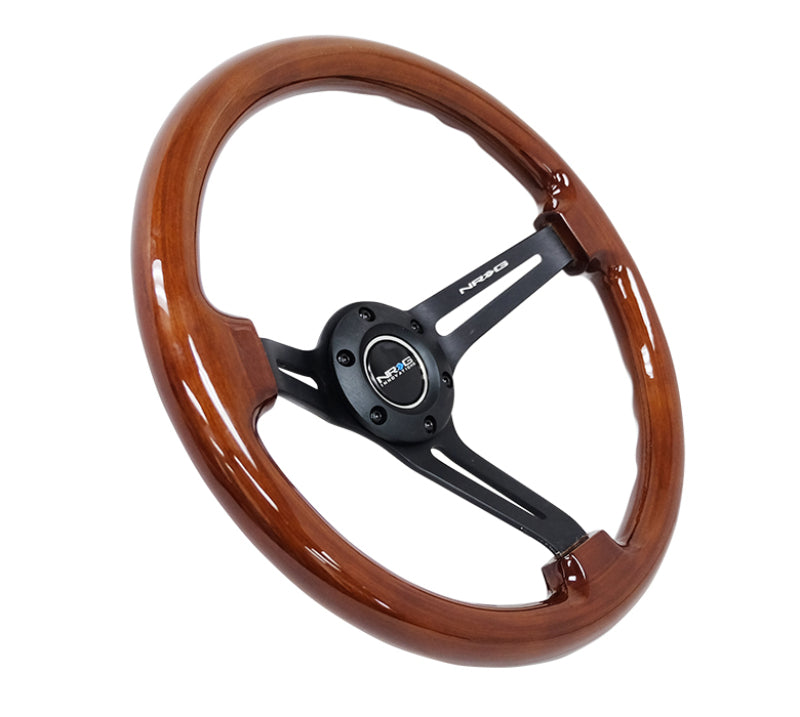 NRG Reinforced Steering Wheel (350mm / 3in. Deep) Brown Wood w/Blk Matte Spoke/Black Center Mark - Blais Performance Parts