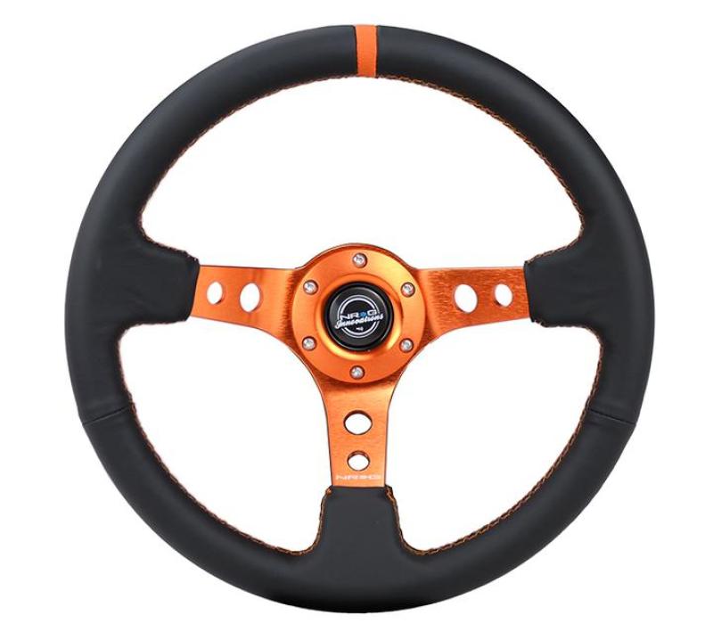 NRG Reinforce Steering Wheel (350mm / 3in. Deep) Blk Leather, Orange Center Mark w/ Orange Stitching - Blais Performance Parts