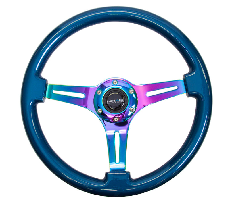 NRG Classic Wood Grain Steering Wheel (350mm) Blue Pearl/Flake Paint w/Neochrome 3-Spoke Center - Blais Performance Parts