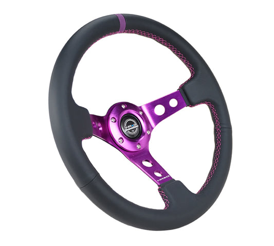 NRG Reinforced Steering Wheel (350mm / 3in. Deep) Black Leather w/Purple Center & Purple Stitching - Blais Performance Parts