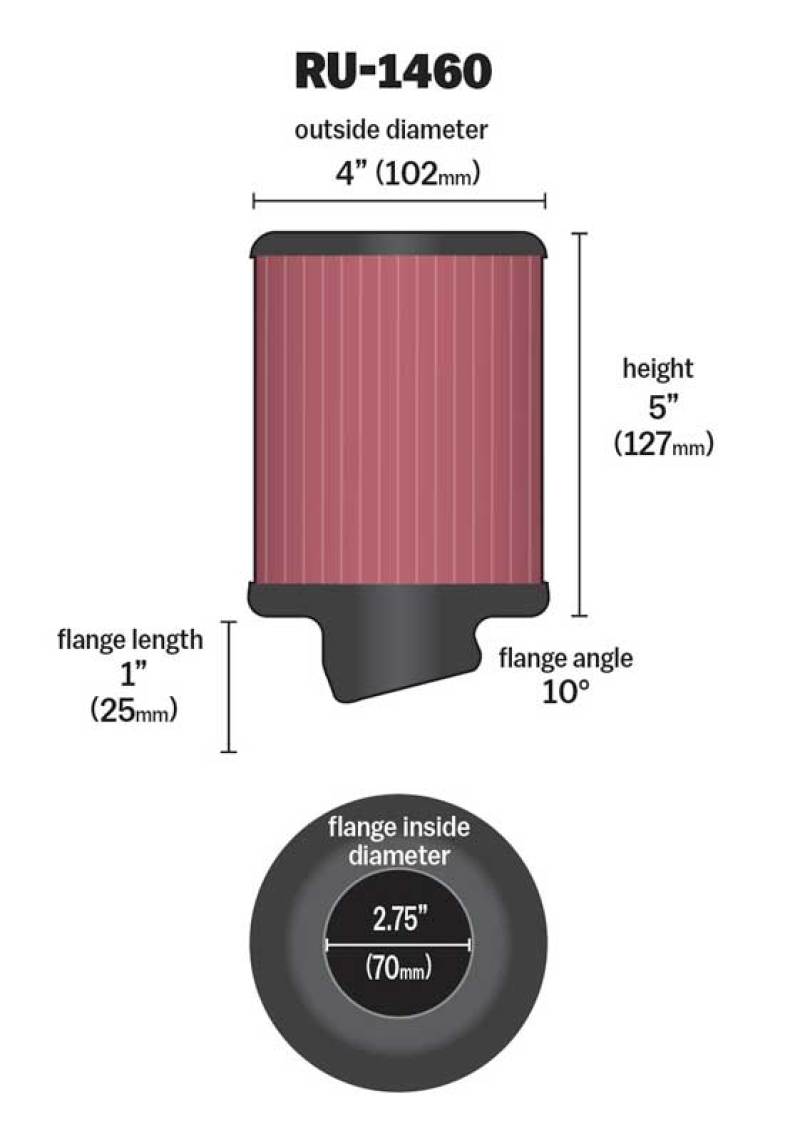 K&N Filter Universal Rubber Filter 2 3/4 inch 10 Degree Flange 4 inch OD 5 inch Height - Blais Performance Parts