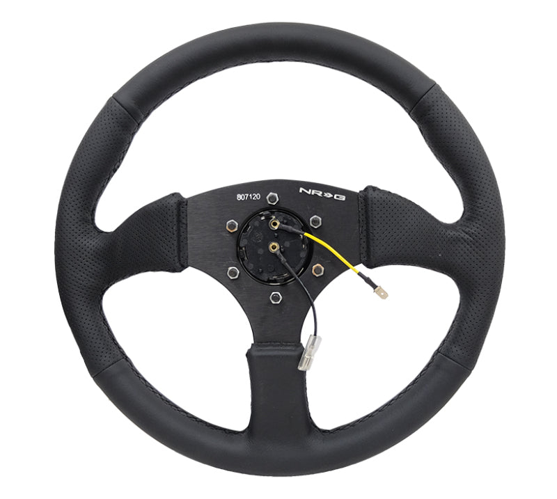 NRG Reinforced Steering Wheel (350mm / 2.5in. Deep) Blk Leather Comfort Grip w/5mm Matte Blk Spokes - Blais Performance Parts