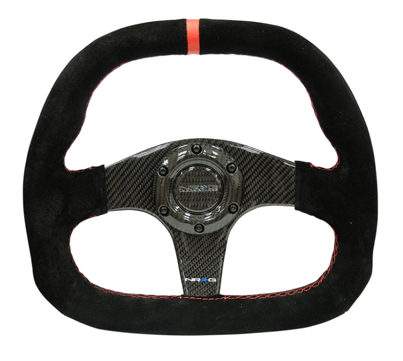 NRG Carbon Fiber Steering Wheel (320mm) Flat Btm. Blk Suede/Red Stitch w/CF Spokes & Red Center Mark - Blais Performance Parts