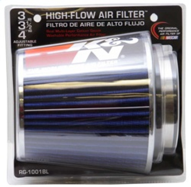 K&N Universal Air Filter Chrome Round Tapered Blue - 4in Flange ID x 1.125in Flange Length x 5.5in H - Blais Performance Parts