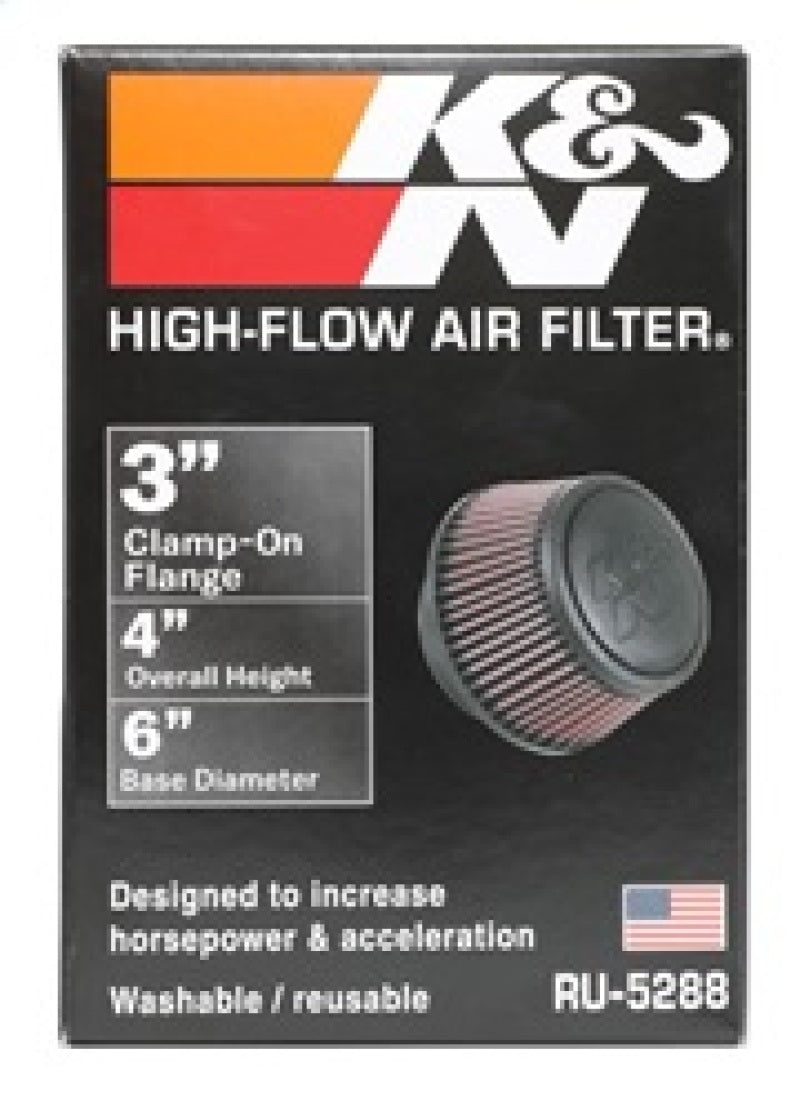 K&N Universal Round Clamp-On Air Filter 3in Flange ID x 6in Base OD x 4.625in Top OD x 3in Height - Blais Performance Parts