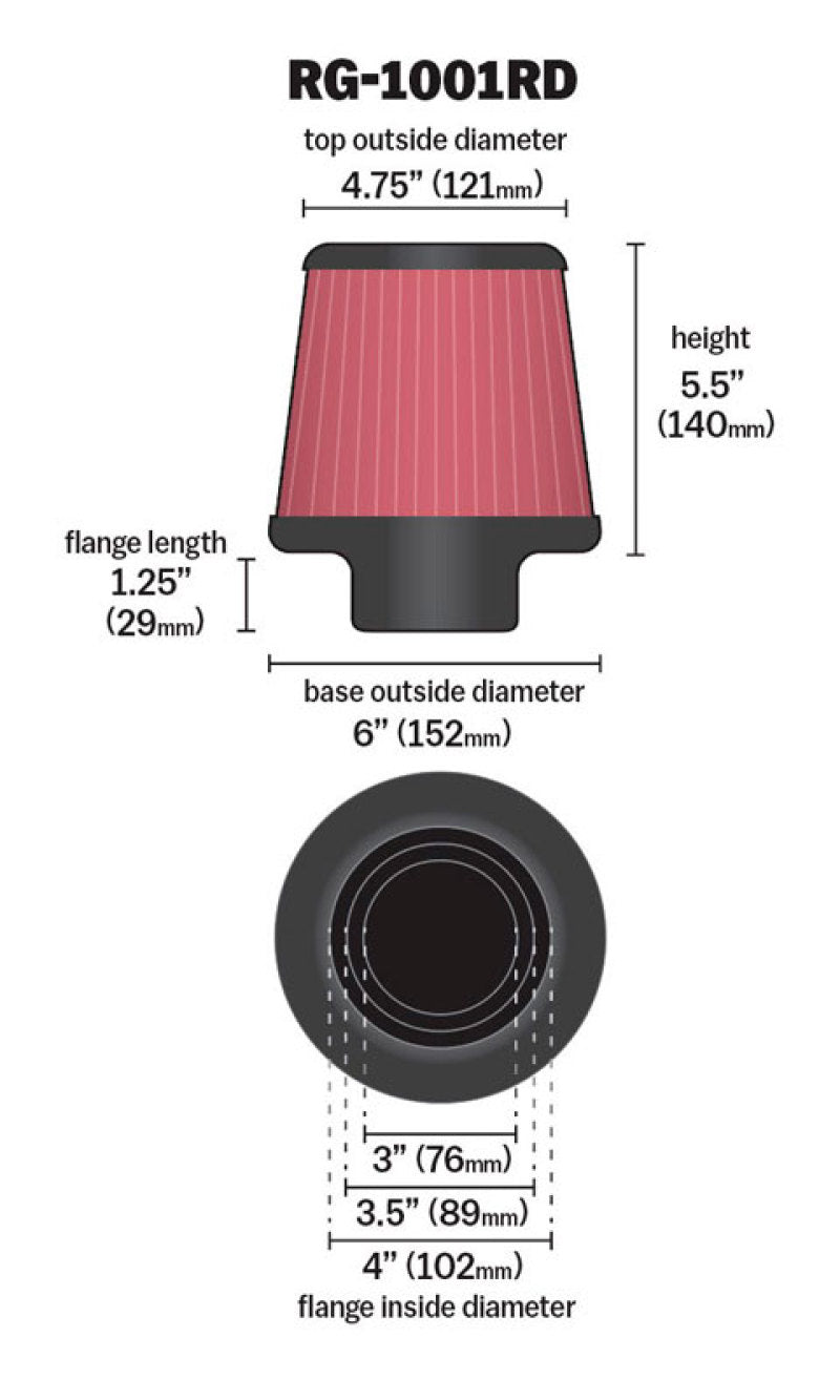 K&N Universal Air Filter Chrome Round Tapered Red - 4in Flange ID x 1.125in Flange Length x 5.5in H - Blais Performance Parts