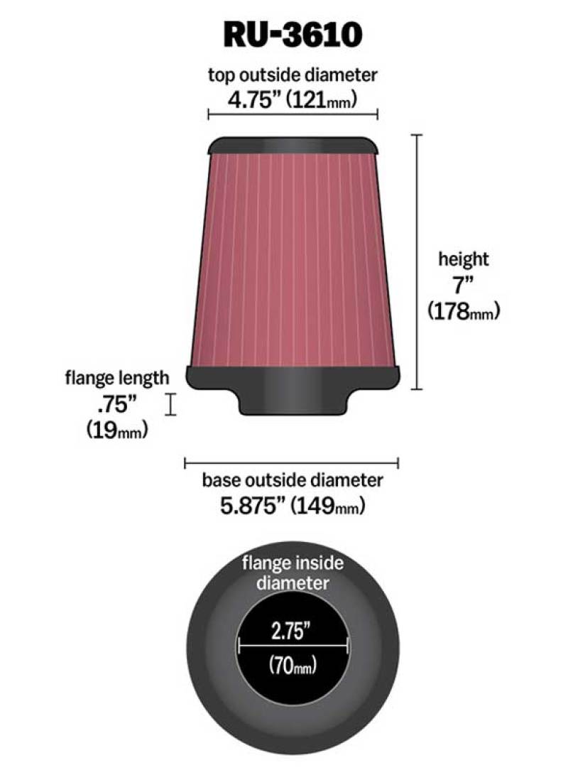 K&N Universal Rubber Filter 2.75in Flange ID x 5.875in Base OD x 4.75in Top OD x 7in Height - Blais Performance Parts