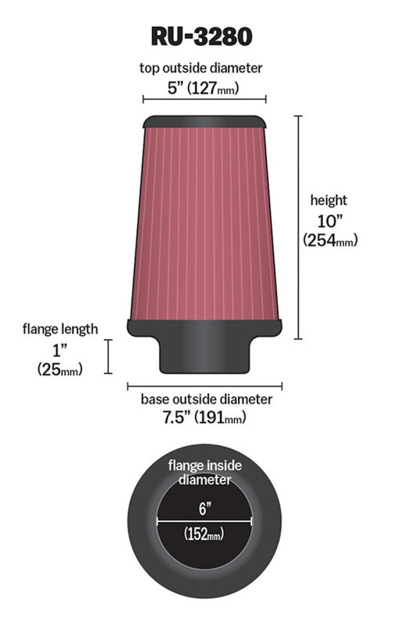 K&N Filter Universal Rubber Filter 6 inch Flange 7.5 inch Base 5 inch Top 10 inch Height - Blais Performance Parts