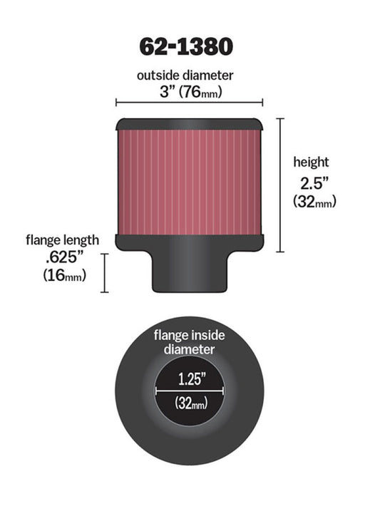 K&N 1.25in Flange ID x 3in OD x 2.5 inch H Rubber Base Crankcase Vent Filter - Blais Performance Parts