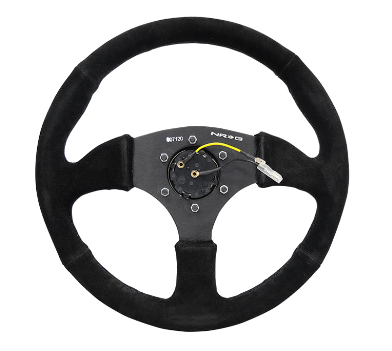 NRG Reinforced Steering Wheel (350mm / 2.5in. Deep) Blk Suede Comfort Grip w/5mm Matte Blk Spokes - Blais Performance Parts