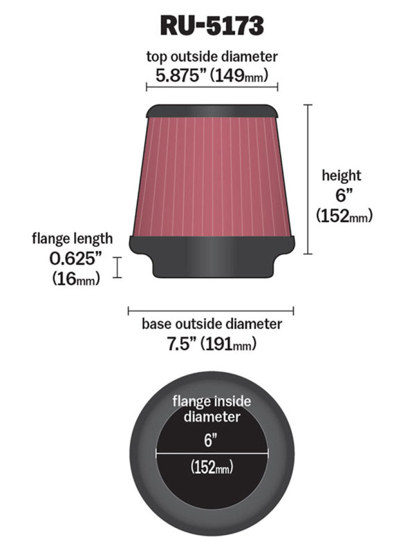 K&N Universal Clamp-On Air Filter 6in FLG / 7-1/2in B / 5-7/8in T / 6in H - Blais Performance Parts