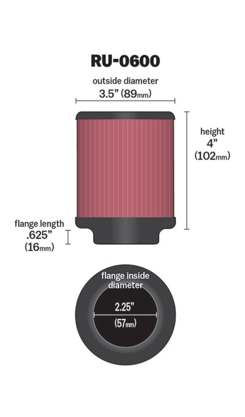 K&N Filter Universal Rubber Filter 2 1/4 inch Flange 3 1/2 inch OD 4 inch Height - Blais Performance Parts