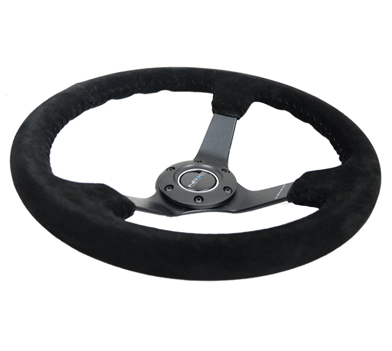 NRG Reinforced Steering Wheel (350mm / 3in. Deep) Blk Suede/Blk Bball Stitch w/5mm Matte Black Spoke - Blais Performance Parts