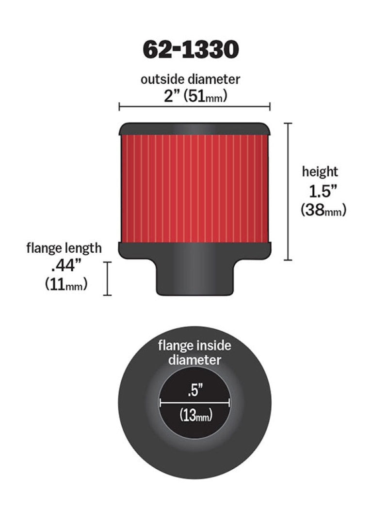 K&N Clamp On Rubber Base Crankcase Vent Filter 0.5in Flange ID 2in OD 1.5in Height - Blais Performance Parts