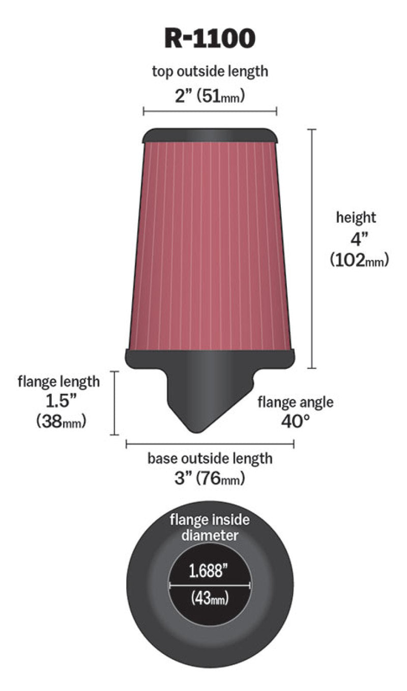 K&N Universal Rubber Filter Round Tapered 3in Base OD x 2in Top OD x 4in H - 73-78 Honda ATC90 - Blais Performance Parts