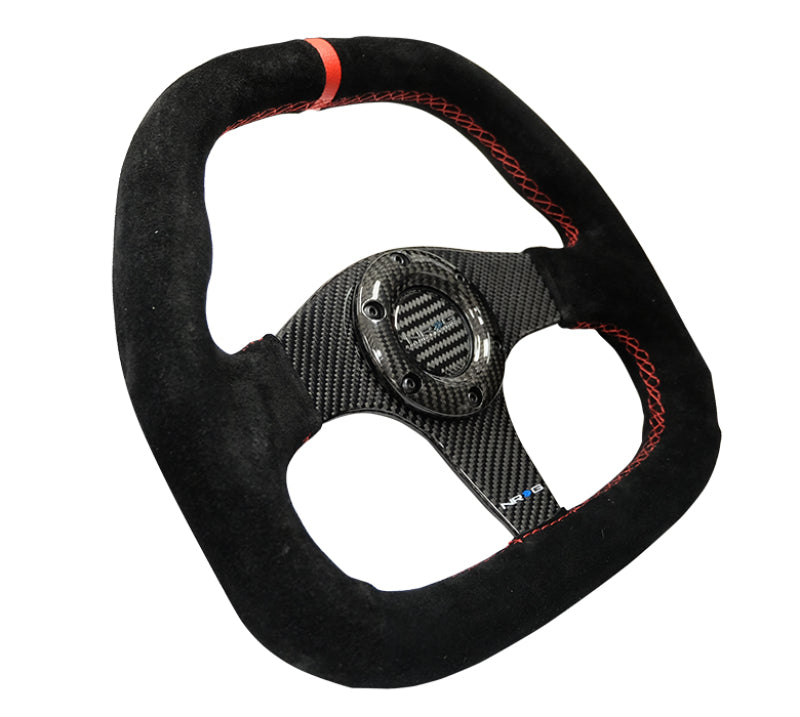 NRG Carbon Fiber Steering Wheel (320mm) Flat Btm. Blk Suede/Red Stitch w/CF Spokes & Red Center Mark - Blais Performance Parts