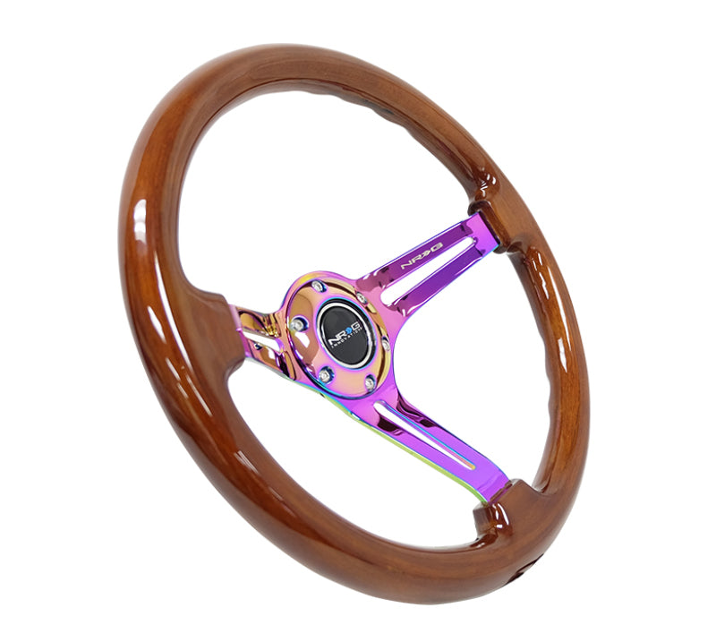 NRG Reinforced Steering Wheel (350mm / 3in. Deep) Brown Wood w/Blk Matte Spoke/Neochrome Center Mark - Blais Performance Parts