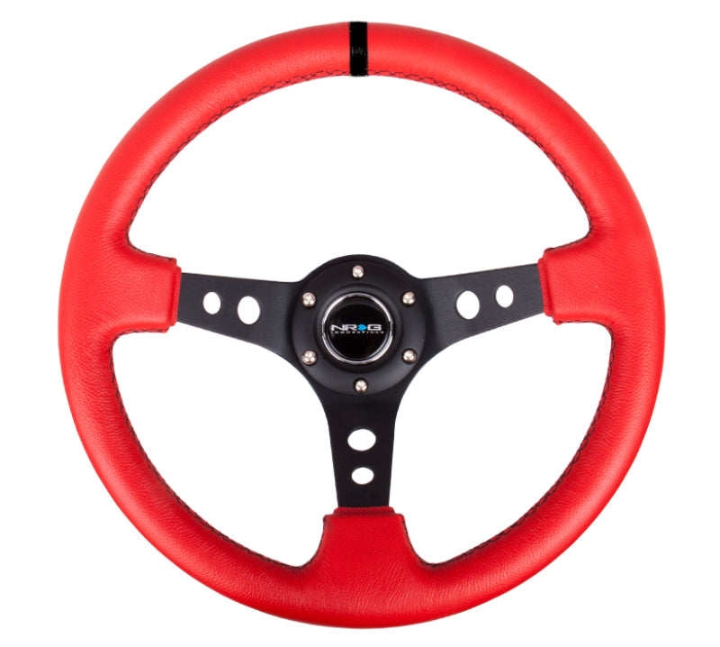 NRG Reinforced Steering Wheel (350mm / 3in. Deep) Red Suede w/Blk Circle Cutout Spokes - Blais Performance Parts